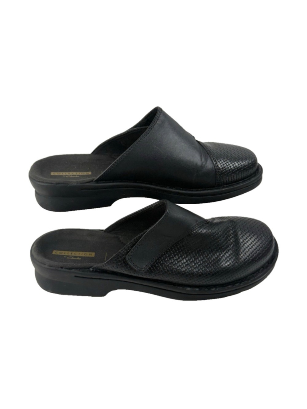 Clarks Patty Tayna Black Leather BasketWeave Vamp Mules Size 7.5 W
